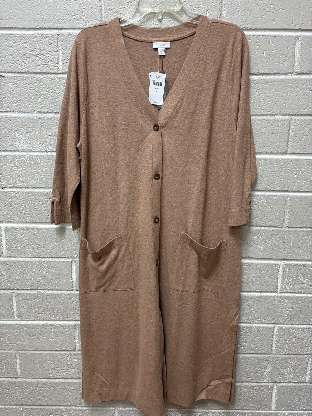 J. Jill Tan V-Neck Button-Front Maxi Cardigan with Pockets